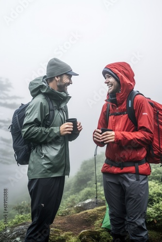 The best start to the day is a mug of hot coffee with your best friend Camping, hiking and adventure mood. Male friends with backpacks drinks morning coffee in a foggy forest.