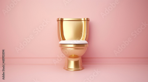 A golden toilet bowl on a pink wall background photo