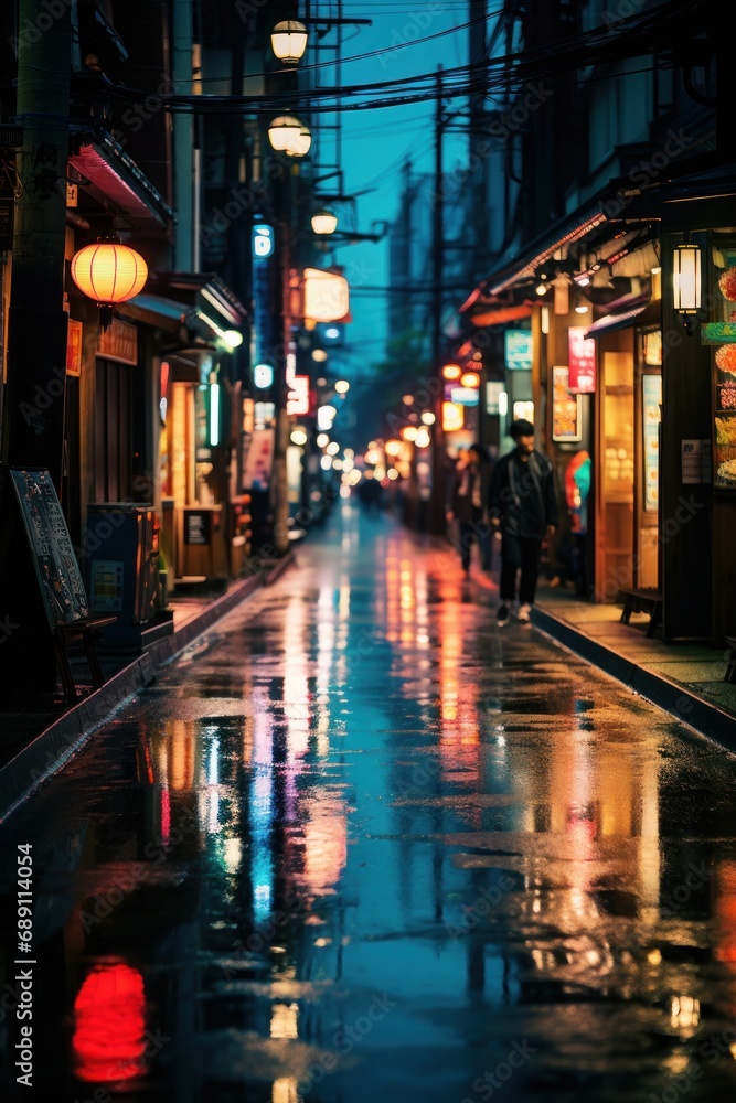 a rainy street in Tokyo with no cars and lots of neon lights on it