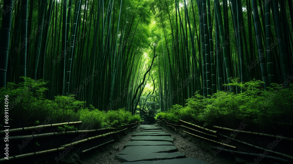 droga w egzotycznym bambusowym lesie z promieniami słońca  - obrazy, fototapety, plakaty 