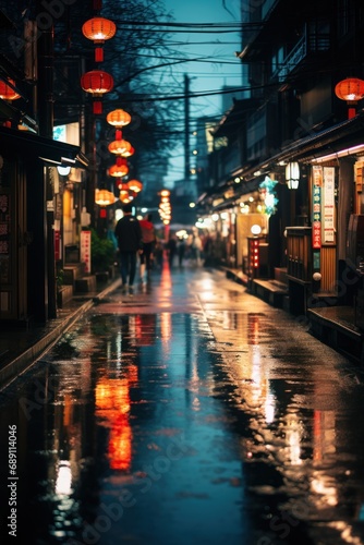 a rainy street in Tokyo with no cars and lots of neon lights on it