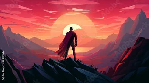 Superhero standing on the mountain cliff at sunset illustration AI Generated