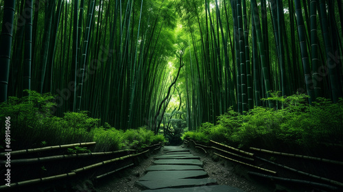 droga w egzotycznym bambusowym lesie z promieniami słońca  photo