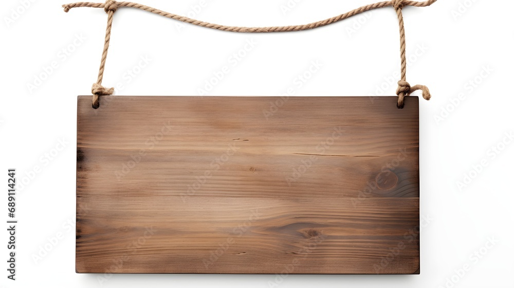 empty rustic wooden sign hanging on a rope on white background. Generative AI empty rustic wooden sign hanging on a rope on white background. Generative AI