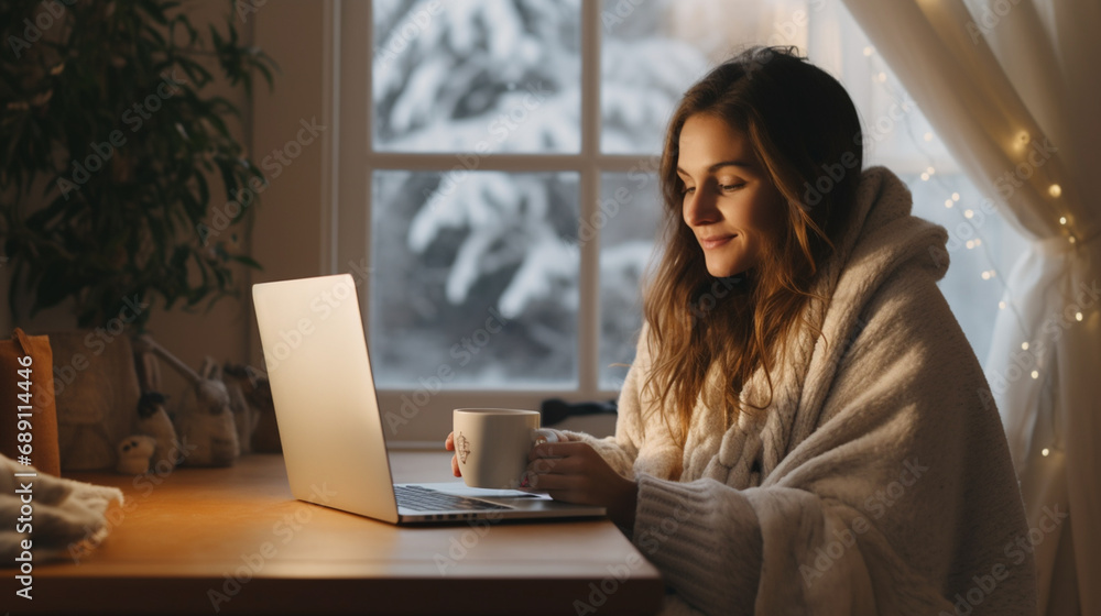 woman with cosy furry blanket working on laptop with coffe mug during winter.