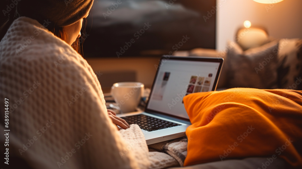 Woman using laptop with coffe mug in bed, work from home