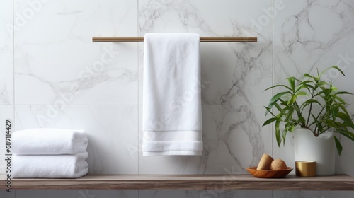 White towel hanging on the wall in bathroom with white marble tile wall. Bathroom interior