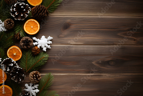 Wooden background with tangerines, fir branches, nuts generated AI