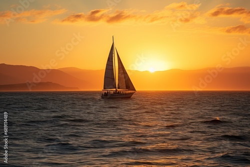 USA, California, Santa Monica, sailboat on the sea in backlight