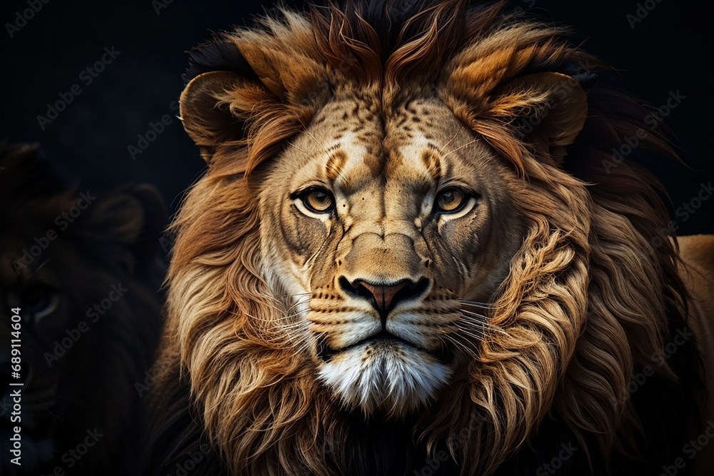 Portrait lion on the black. Detail face lion. Hight quality portrait lion. Portrait from animal
