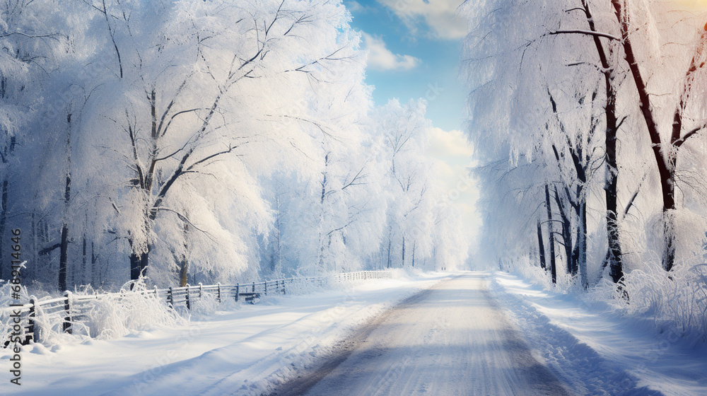 road covered in snow in the middle of the forest during winter