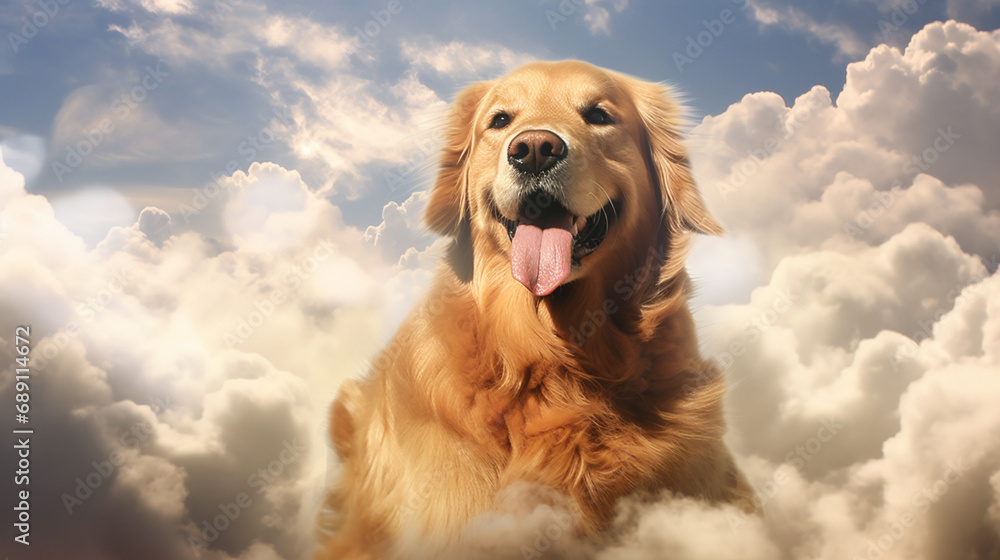 Dog, golden retriever in the heavens, clouds around happy dog