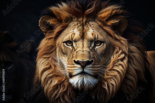 Portrait lion on the black. Detail face lion. Hight quality portrait lion. Portrait from animal
 photo