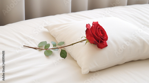 Obraz na płótnie bed with white sheets, red rose on the pillow w salonie