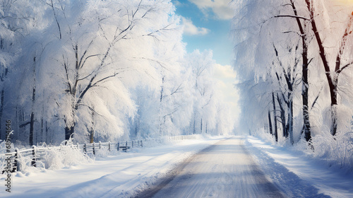 Obraz na płótnie road covered in snow in the middle of the forest during winter w salonie