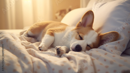 dog, corgi sleeping on the cosy bed in the morning