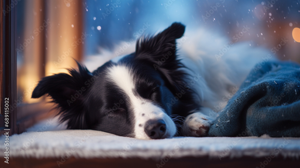 Dog, border collie sleeping close to the window during winter on cosy blanket