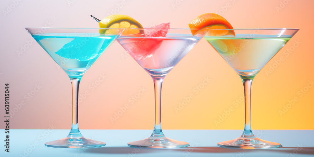 .Set Cocktails Long alcoholic drink with berries, lemon, herbs and ice. Set of various cocktails on a pastel background. Parties and summer holidays.