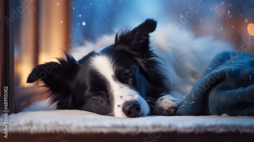 Obraz na płótnie Dog, border collie sleeping close to the window during winter on cosy blanket w salonie