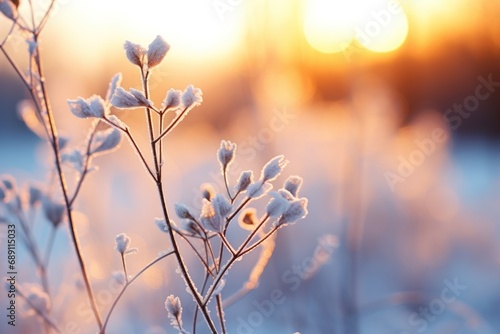 frozen twigs in hoarfrost glisten in the sun. winter landscape with sun flare © Tisha
