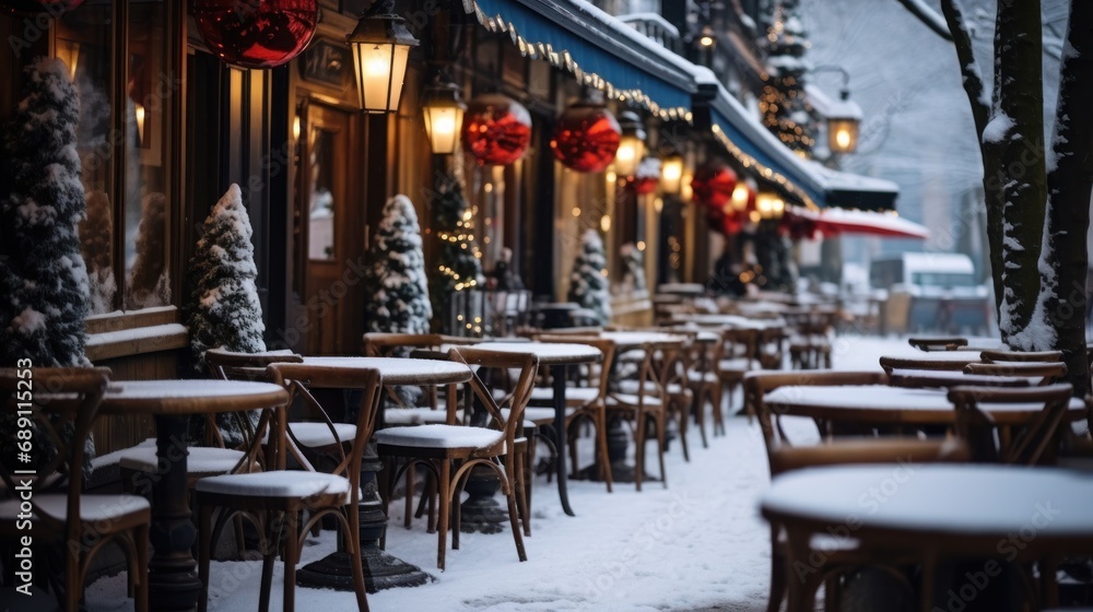Tables and chairs in a restaurant in a snowy winter day