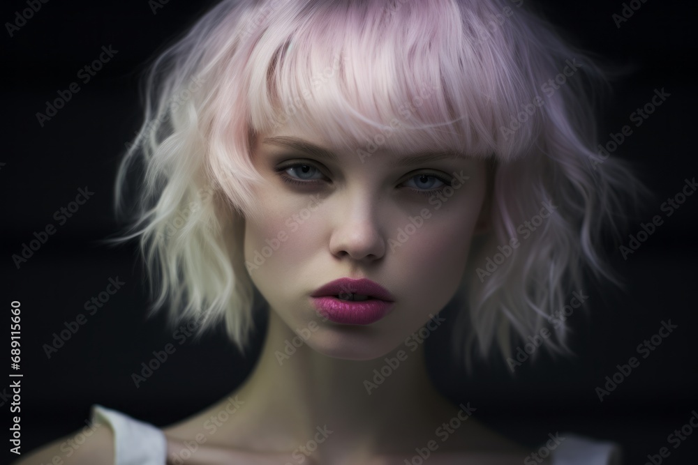 Portrait of young sensitive girl with pink hair and blue eyes, natural make up with strong lipstick