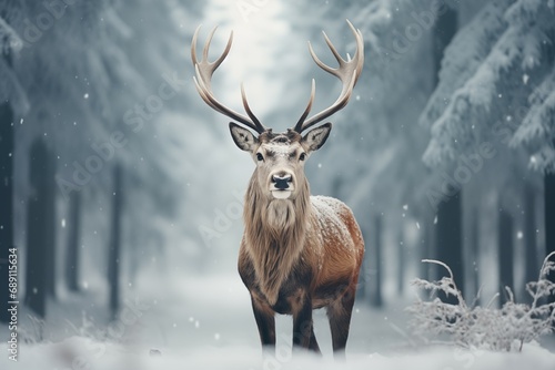 Reindeer against the backdrop of a winter forest