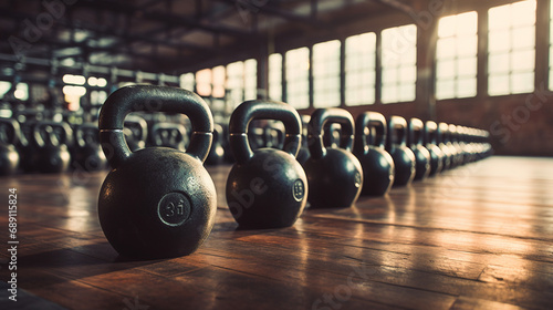 kettlebells in gym, weights for exercising on the floor © Bartomiej