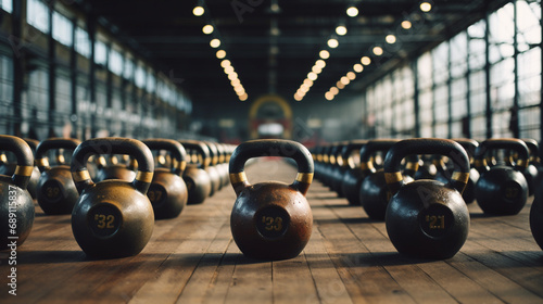 kettlebells in gym, weights for exercising on the floor © Bartomiej