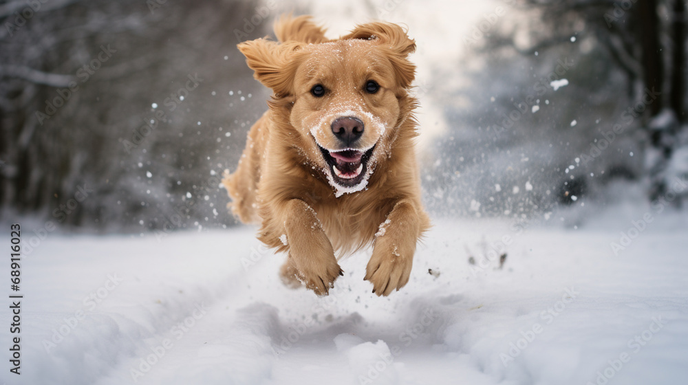 happy golden retriever dog running in the snow during winter outdoor, sunset