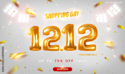12.12 Shopping day banner template with gold confetti and spotlights on white background. Year end sale. 12 December sales. Shopping holiday, sales, discounts, promotion, ads, banner. Vector EPS10.