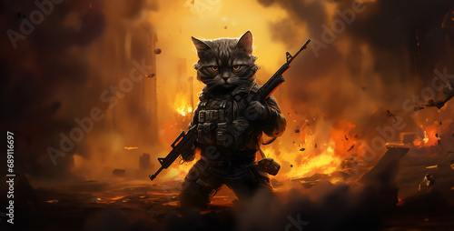 black tuff cat holding guns walking out of fire