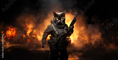cat in fire  black tuff cat holding guns walking out of fire