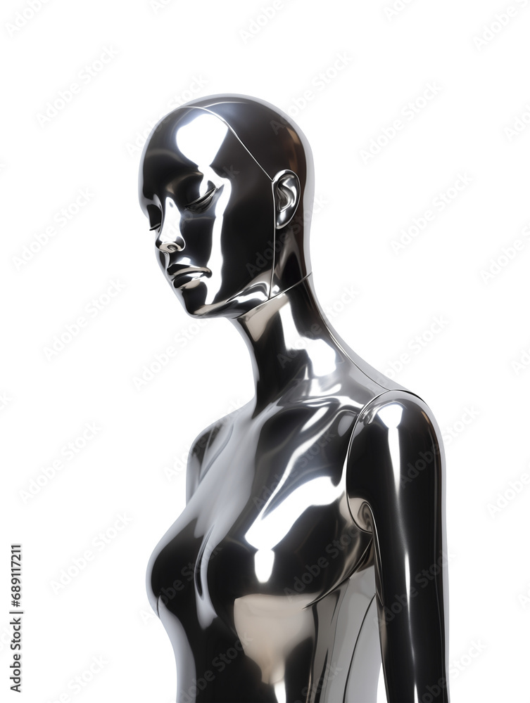 Futuristic chrome woman mannequin isolated. Shiny gloss metal human sculpture. Y2K liquid metal music poster Futuristic chrome woman mannequin isolated. Shiny gloss metal human sculpture. Y2K liquid metal music poster