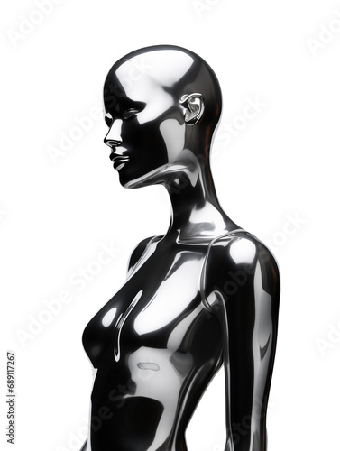 Futuristic chrome woman mannequin isolated. Shiny gloss metal human sculpture. Y2K liquid metal music poster photo