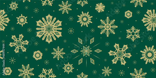 Christmas seamless pattern with whimsical snowflakes. Golden snowflake shapes on deep green background. Nordic snowflake crystals Scandinavian repeat design. Glitzy winter background vector pattern.