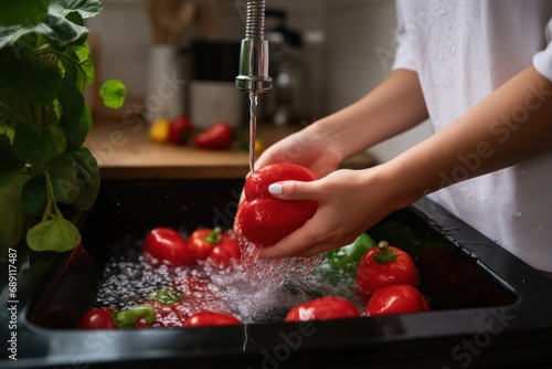 Woman washing bell pepper in kitchen at home