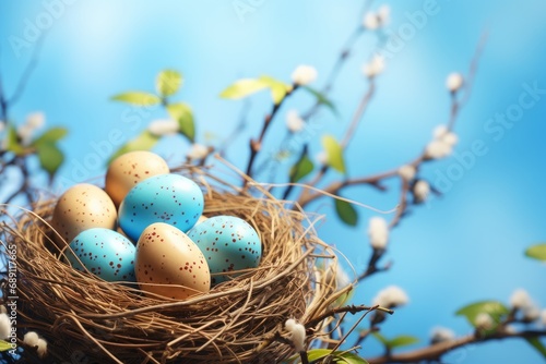 An Easter card. Blue and beige eggs with speckles in the nest on a blue background.