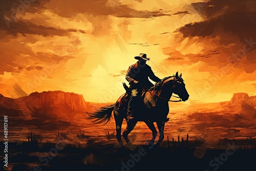 Cowboy riding horse into the sunset. Wild west style poster. Generative Ai © ArtmediaworX