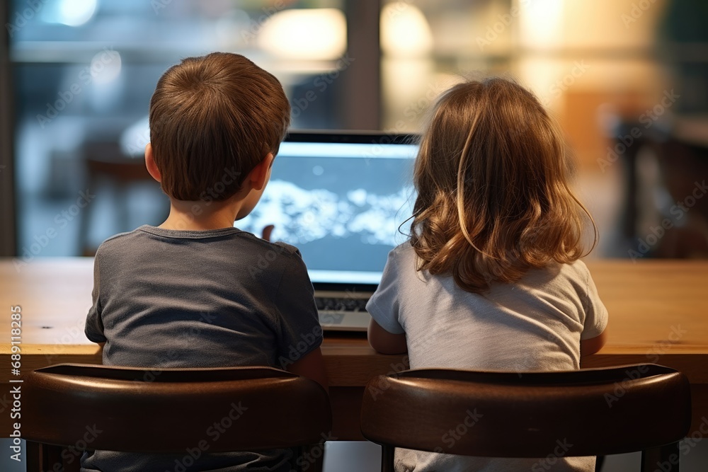 A boy and a girl look and work on a laptop, a view from behind. Schoolchildren. - obrazy, fototapety, plakaty 