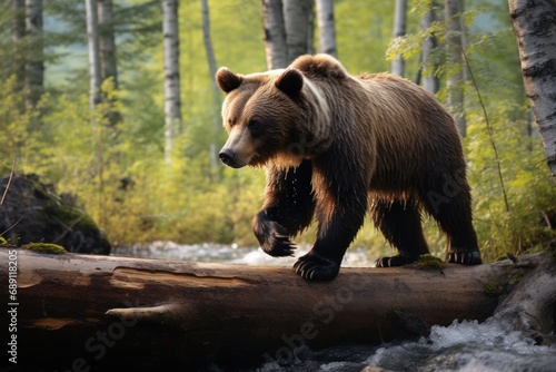 bear walking on log