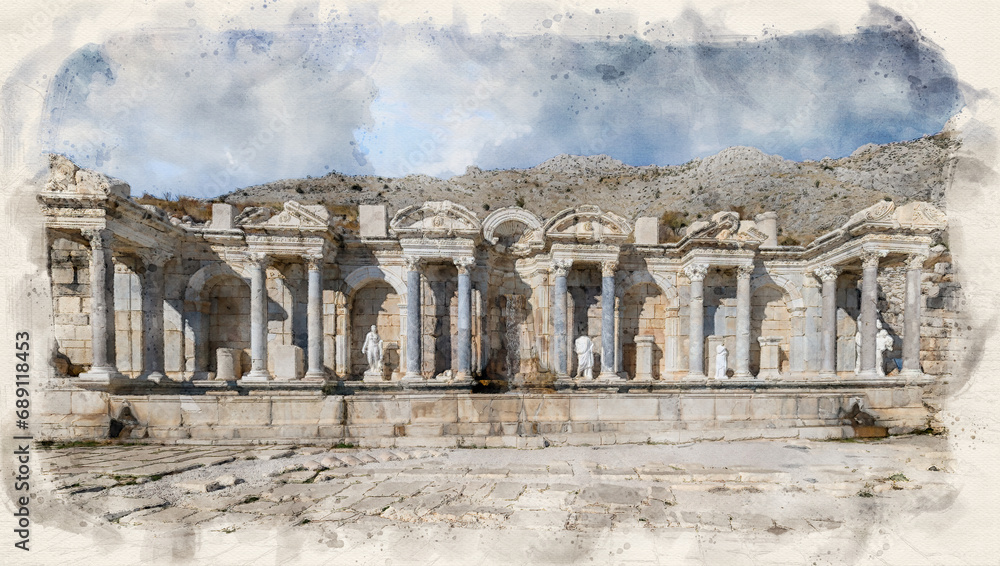 Sagalassos ancient city near Burdur, Turkey in watercolor style illustration	
