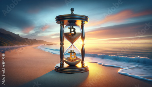A cinematic scene of a Bitcoin-themed hourglass on an ocean beach at sunrise