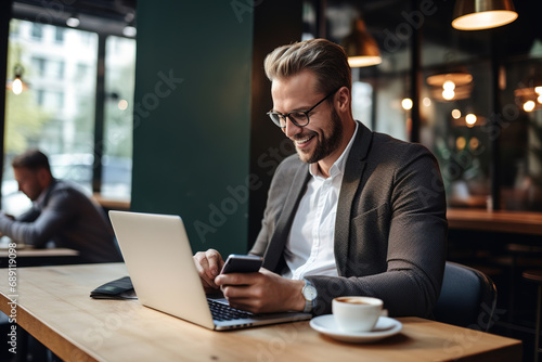 Smiling middle aged man sitting in a coffee shop and checking his bank account on mobile and laptop. Handsome businessman using the laptop for e-banking at cafe.