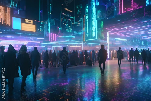 A bustling cyberpunk marketplace  with holographic code floating above as a hacker blends into the crowd  unnoticed.