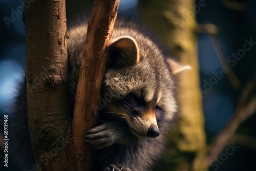 Little raccoon sleeping like a ball in a tree photo