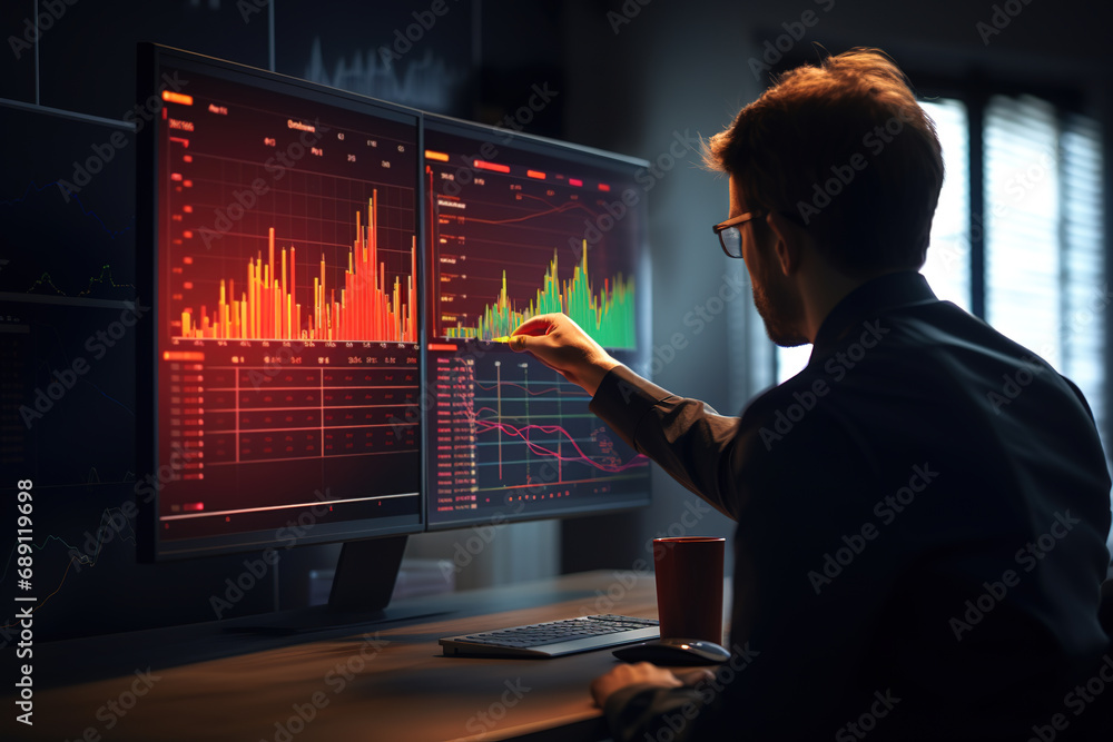 Businessman analyzing profitability of working companies with digital augmented reality graphics, positive indicators in 2024, businessman calculating financial data for long-term investments - obrazy, fototapety, plakaty 