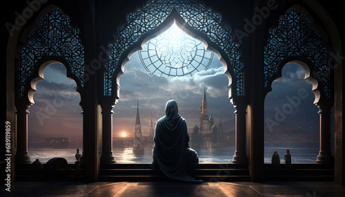 Prayer, islam and worship with man in mosque for god, holy quran and spirituality. Praying, and Islamic with person in Muslim pray traditions for faith, mindfulness and Ramadan