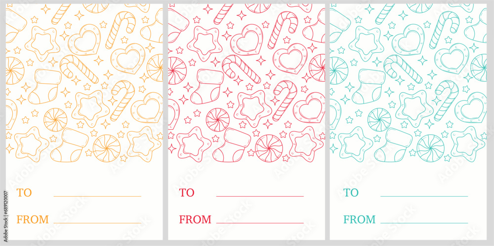 Set of vector holiday cards for Christmas and New Year. On a white background, hand-drawn holiday candies, socks, stars in basic holiday colors. Below is space for your address and kind words.