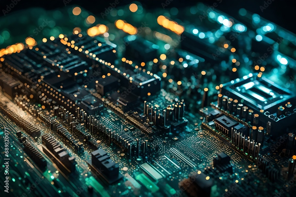 Close-up view of a cutting-edge motherboard, capturing the sophisticated arrangement of electronic components, with a soft backdrop of LED lights.